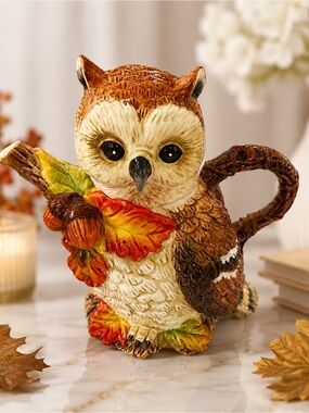 Ceramic Owl teapot  with Autumn Leaf Accents - Brown & Cream